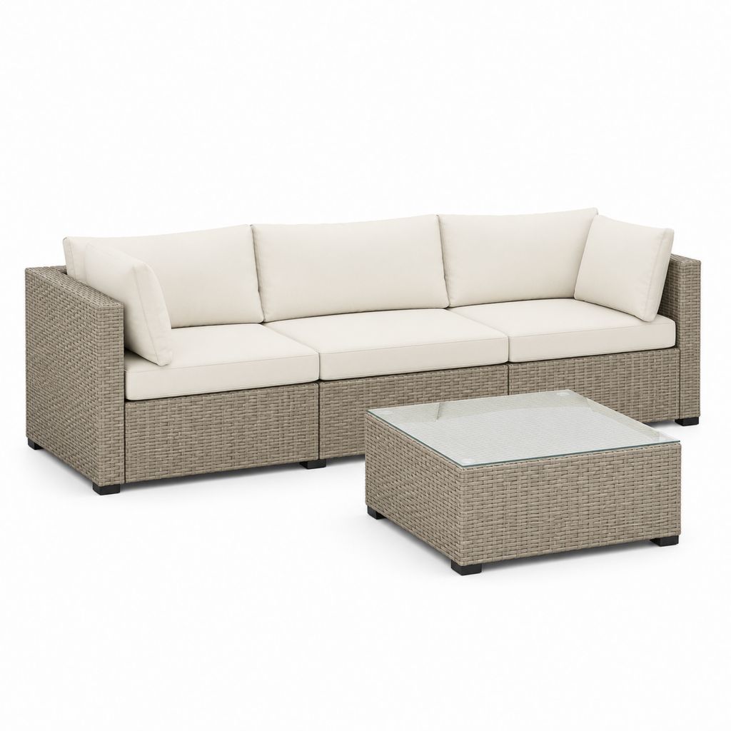 Set da esterno 4 pezzi con divano a 3 posti in rattan PE e acciaio, cuscini beige e tavolino in vetro, 218 x 70 x 63 cm