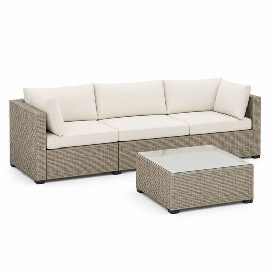 Set da esterno 4 pezzi con divano a 3 posti in rattan PE e acciaio, cuscini beige e tavolino in vetro, 218 x 70 x 63 cm