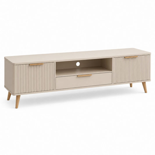 Mobile TV basso in MDF e truciolare melaminico, tortora e rovere naturale, 180 x 40 x 58 cm