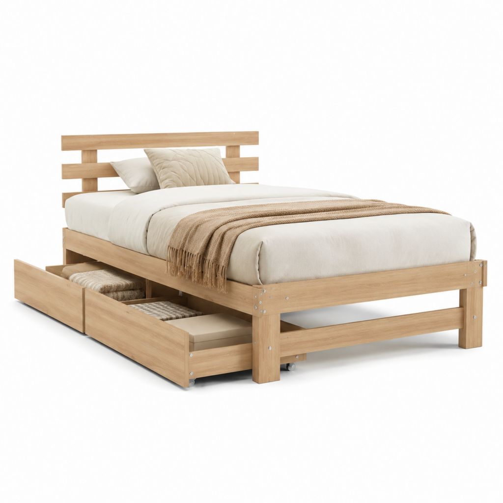 Letto matrimoniale in legno massello di pino naturale con rete a doghe e 2 cassetti, materasso 140 × 200 cm, 209 × 149 × 100 cm