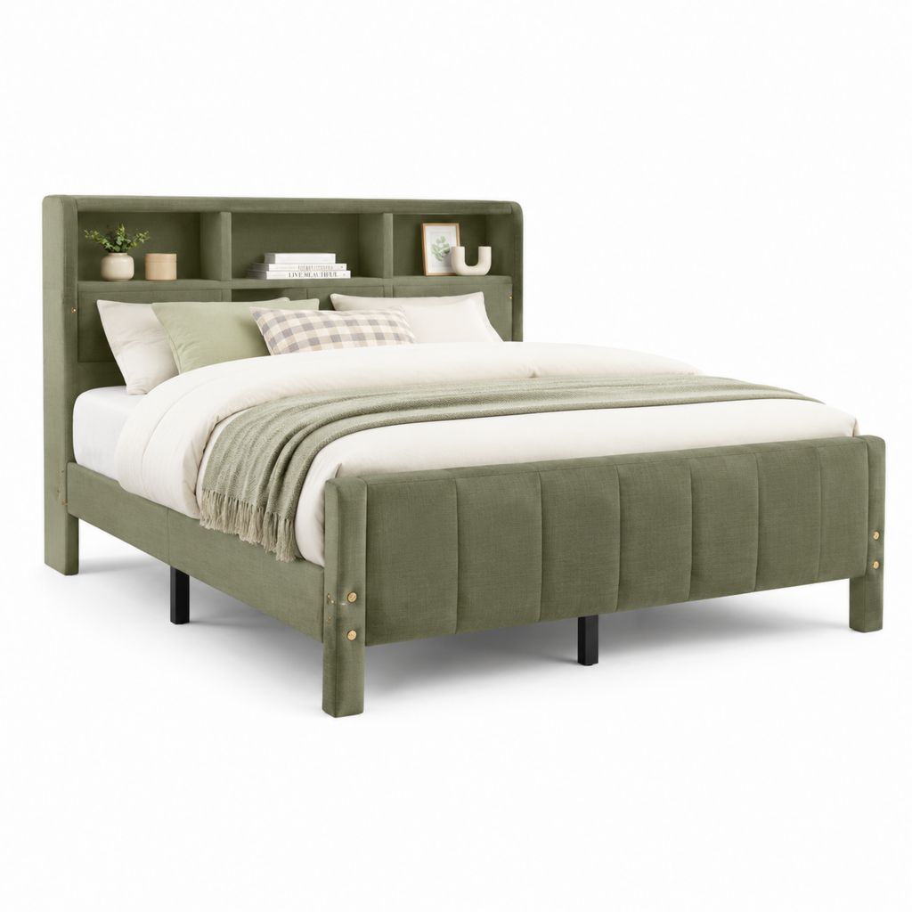 Letto matrimoniale imbottito verde oliva con testiera a 3 vani e rete 160 x 200 cm, dimensioni 172 x 220 x 120 cm