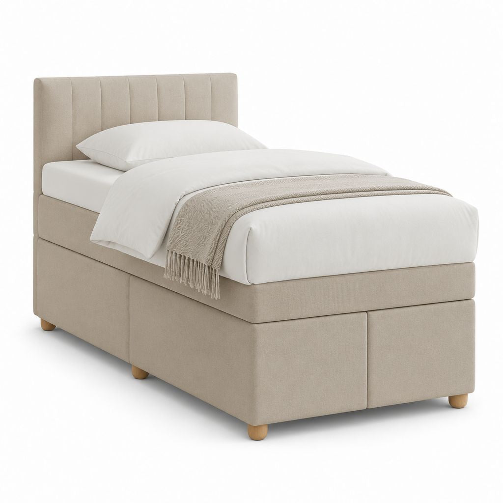 Letto singolo imbottito beige 90 x 200 cm con testiera a pannelli e rivestimento in tessuto