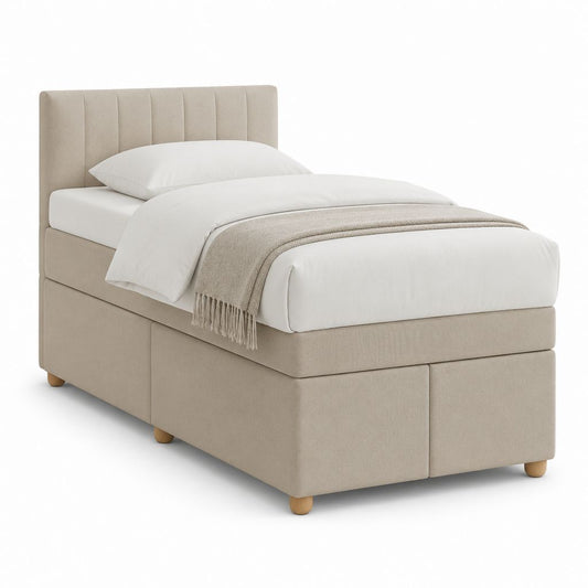 Letto singolo imbottito beige 90 x 200 cm con testiera a pannelli e rivestimento in tessuto