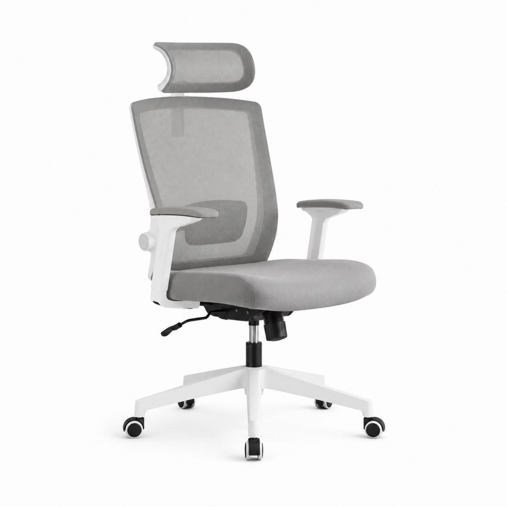 Sedia ergonomica girevole in rete e tessuto Grigio/Bianco/Nero con poggiatesta, supporto lombare e braccioli, 68 x 68 x 116-126 cm