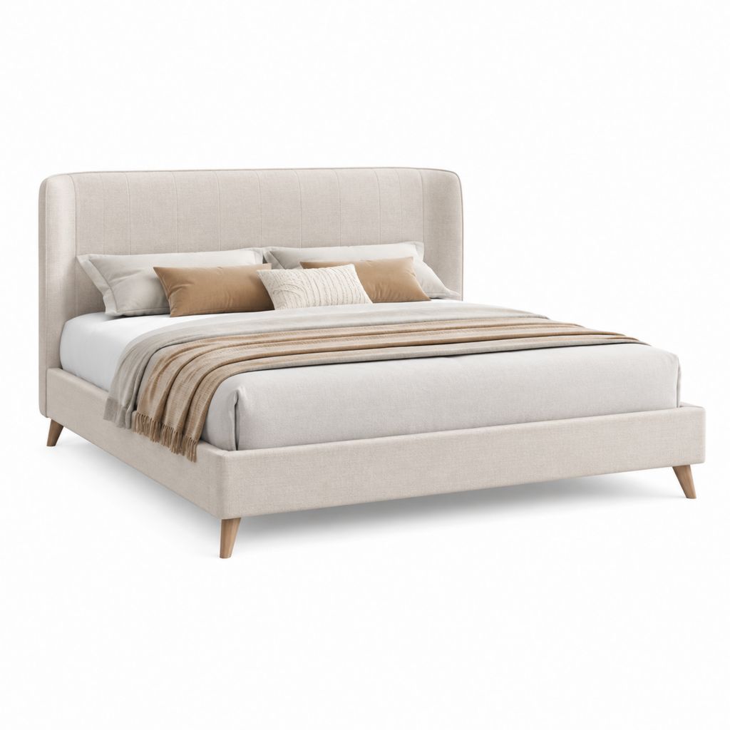 Letto matrimoniale imbottito 160 × 200 cm in poliestere beige con testiera alta e piedini in faggio massello, 175 × 215 × 108 cm