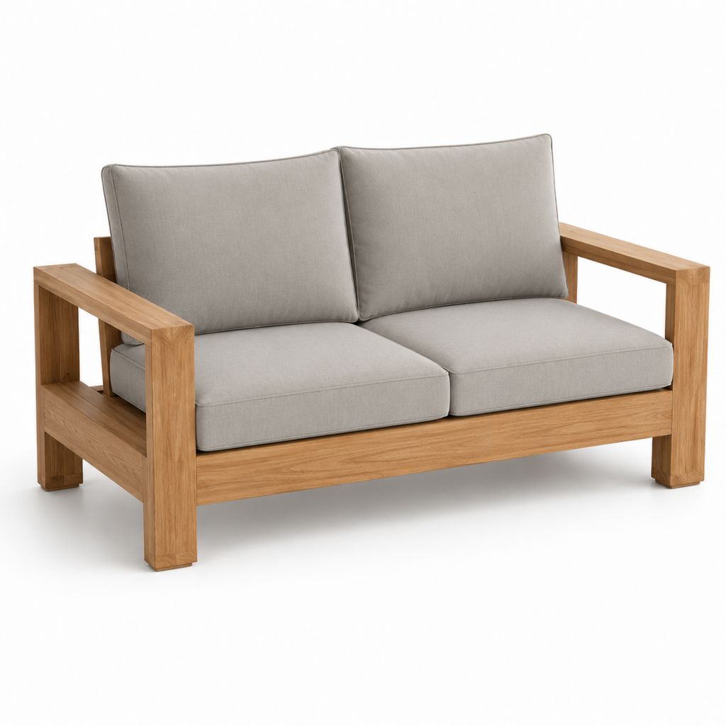 Divano da giardino a 2 posti in legno massello di acacia con cuscini grigi, 140 x 75 x 80 cm
