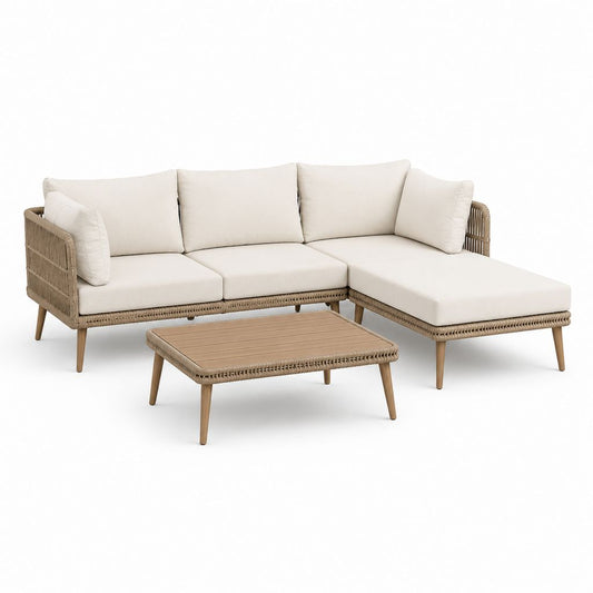 Set da giardino con divano angolare 3 posti, penisola destra e tavolino in rattan PE tortora, cuscini crema, 225 × 150 × 75 cm